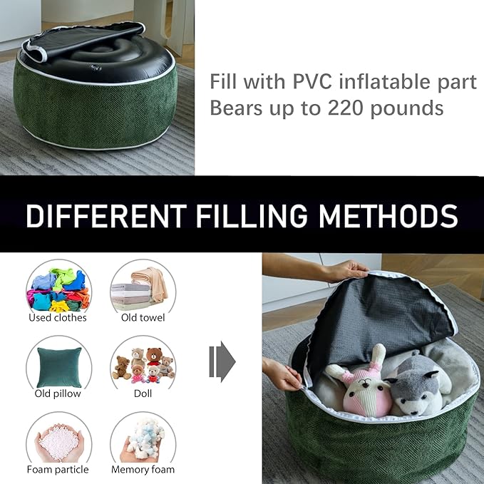 Inflatable Pouf Ottoman, 21x10 Inches Stuffed Chenille Ottoman with Inflatable PVC Liner, Foot Rest with Portable Handle, Round Floor Pillow for Living Room, Bedroom, Kids Room