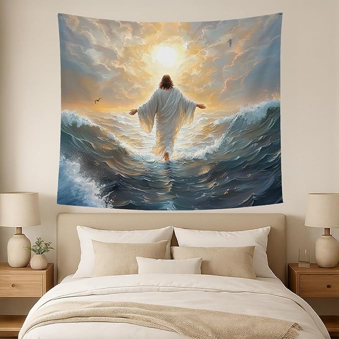 bitCNY Jesus Walking on Water Tapestry 60x50 Inches – Christian Wall Hanging for Living Room Bedroom, Religious Decor, Inspirational Jesus Christ Art for Home