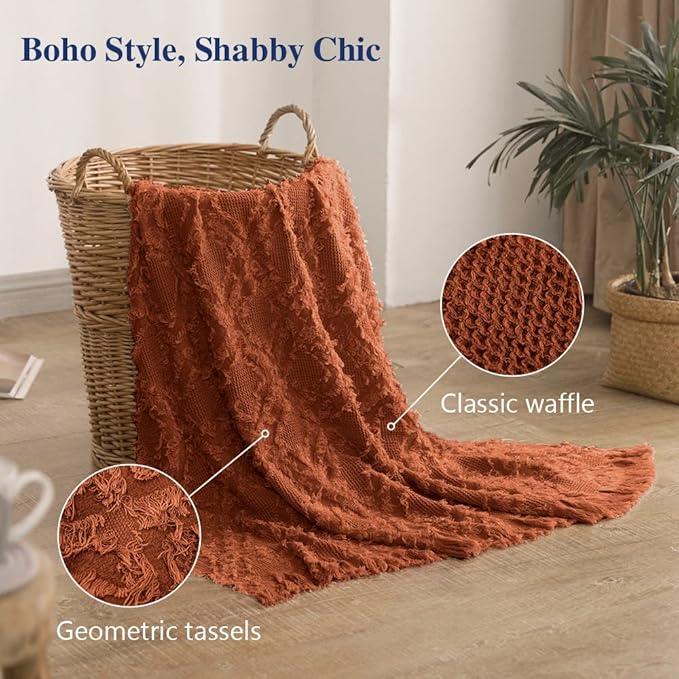 Simple&Opulence Cotton Throw Blanket for Bed, Couch, Boho Textured Geometric Knit Woven Blanket with Tassels Soft, Lightweight Breathable Shabby Chic Farmhouse Decoration for All-Season(Rust Orange)