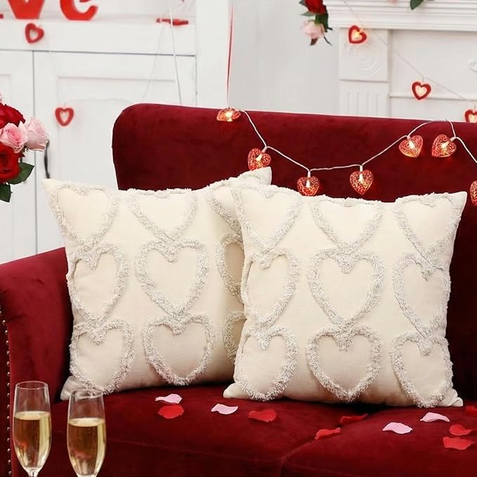 Oudain Set of 2 Heart Love Cute Decorative Throw Pillow Covers, 18 x 18 Inches Soft Plush Faux Fur Pillow Covers for Couch Sofa Indoor Outdoor Home Decoration