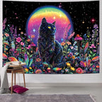 Dermijer Blacklight Black Cat Tapestry UV Reactive Moon Stars Floral Wall Hanging Tapestry Moonlit Garden Home Decor for Bedroom Living Room Dorm 78.7L x 59.1W
