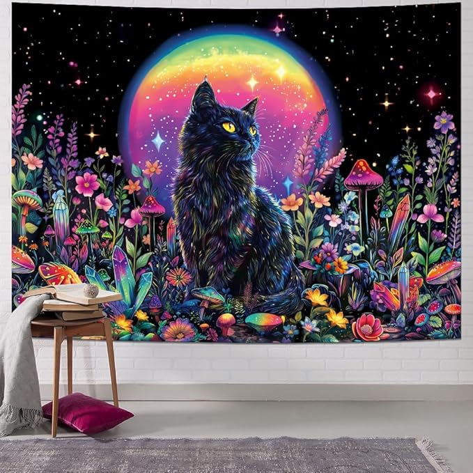 Dermijer Blacklight Black Cat Tapestry UV Reactive Moon Stars Floral Wall Hanging Tapestry Moonlit Garden Home Decor for Bedroom Living Room Dorm 78.7L x 59.1W