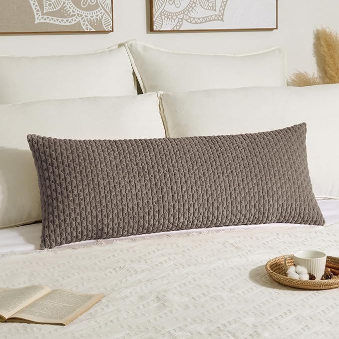Kevin Textile 20x54 Inch Long Body Lumbar 1 Pack Boho Decorative Throw Pillow Cover Soft Striped Corduroy Rectangle Cushion Case Farmhouse Accent for Living Room Couch Sofa Bed, Light Brown
