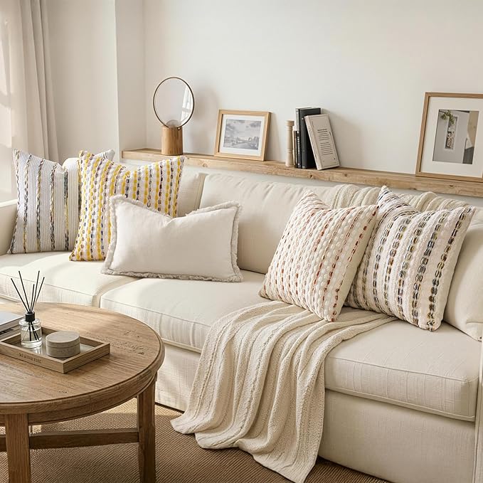 ANRODUO Boho Chenille Pillow Covers with Textured Tufted Stripes 20x20 Inch Set of 2 Woven Decorative Cushion Case Farmhouse Accent Neutral Pillowcase for Couch Sofa Bed Living Room Decor, Brown White
