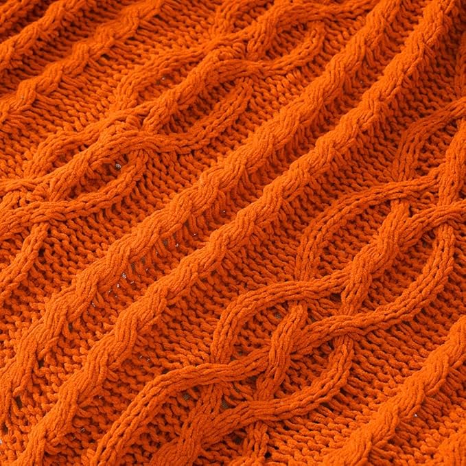 Battilo Burnt Orange Throw Blanket for Couch, 51" x 67", Soft Warm Cozy Chenille Knit Blanket Boho Halloween Blanket Fall Decor, Fall Throw Blanket for Bed, Sofa, Living Room