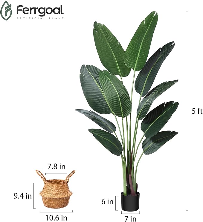 Artificial Bird of Paradise Plants 5 Ft Fake Tropical Tree with Woven Basket, Faux Banana Leaf Plant for Home Indoor Outdoor Office Modern Decor Green 2 Set