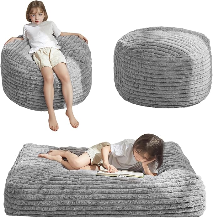 MAXYOYO Kids Bean Bag Chair Bed, Convertible Children Chair to Floor Mattress with Filler, Faux Fur Bean Bag Bed Stuffed Child Sofa Couch for Girl Boy Sleeping, Machine Washable Cover, Grey