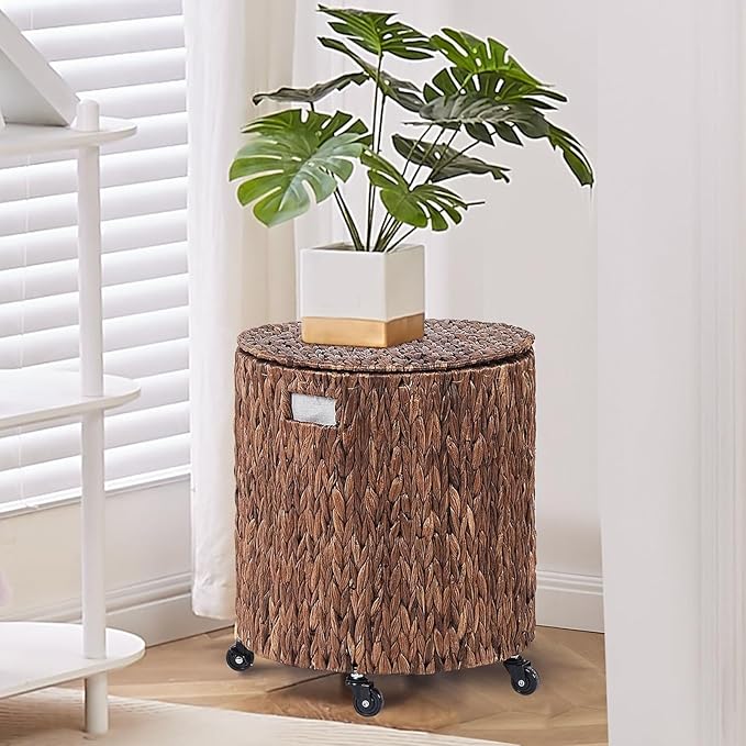 Wimarsbon 2Pcs Pouf Ottomans, Natural Seagrass Foot Stool, Hand Weaving Round Ottoman, Boho Decorative Seat, Jute Braided Pouffe Poof Accent Sitting Footrest (Storage Black Water Hyacinth)