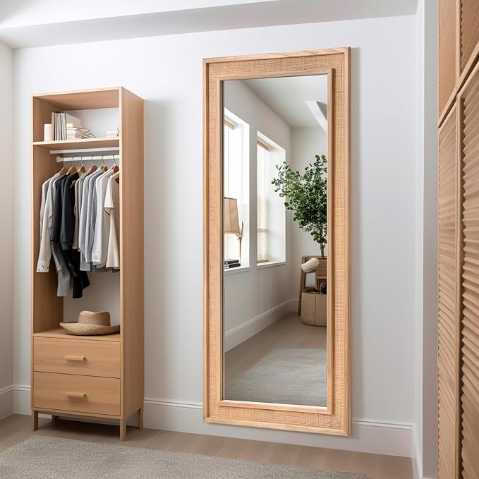 Rattan Full Length Mirror, 20"x55" Decorative Long Rattan Floor Mirror, Rectangle Wooden Full Body Mirror with Wicker Frame Hanging for Bathroom Living Dressing Room