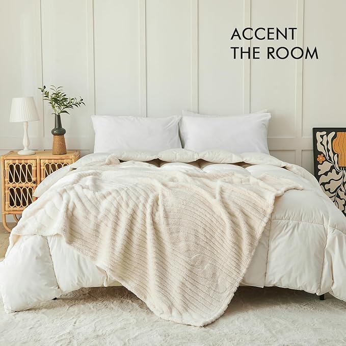 lifein Throw Blanket for Couch-Cream Wave Boho Throw Blanket, Soft Fleece Plush Lightweight Blankets&Throws for Woman, Fuzzy Decorative Blankets for Livingroom Bed Sofa Chair(50x60in,Cream)