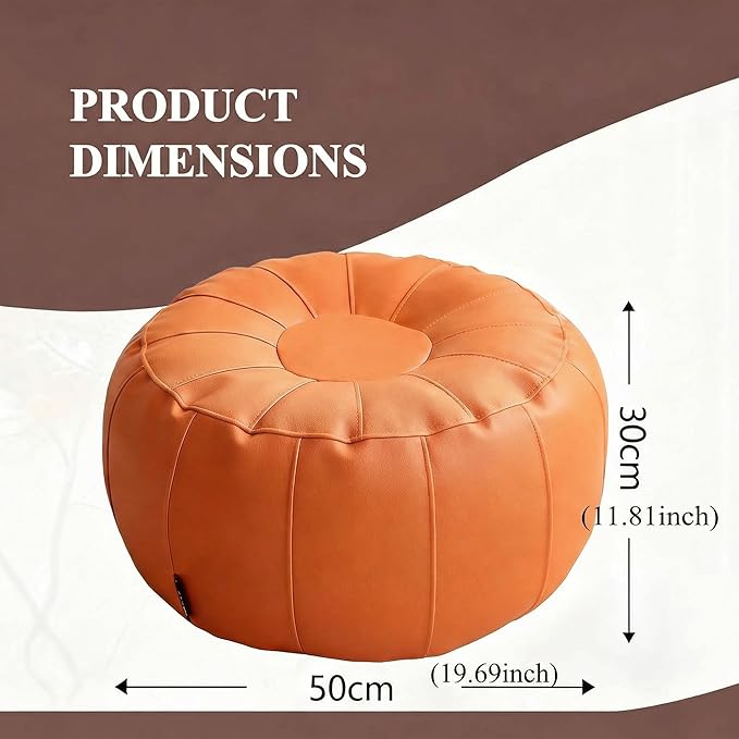 Leather Pouf - 20”Dx12”H, Wash-Free Tech Fabric Pouf Unstuffed Ottoman Moroccan Footstool, Floor Footrest Cushion, Storage Solution, Natural Orange Color Unstuffed Faux Leather Cover (Orange)