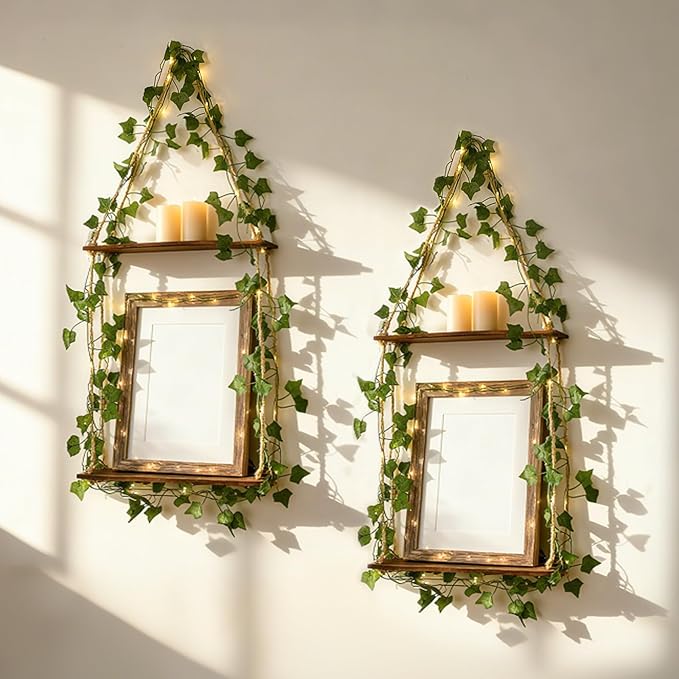 Artilady 2 Pack Artificial Ivy Macrame Hanging Shelves with Lights Boho Wall Decor, 2 Tier Wood Flaoting Shelf Plant Storage Rack for Bedroom Bathroom Living Room Nursery