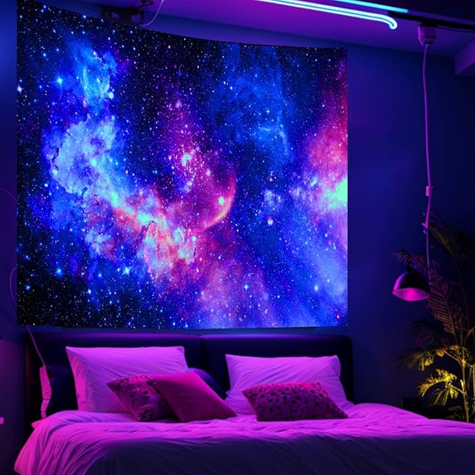 Blacklight Galaxy Tapestry for Bedroom Aesthetic Space Starry Sky Stars Universe Backdrop Black Light Poster Decor Wall Hanging Glow in the Dark Tapestry for Living Room Dorm Home Decoration(60"X79")