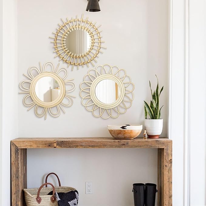 Briful Beige Wall Mirrors Decor Set of 3 Wooden Round Wall Mirrors Wall-Mounted Sunburst Mirrors Hanging Wall Art for Living Room Home Indoor Bedroom Decor