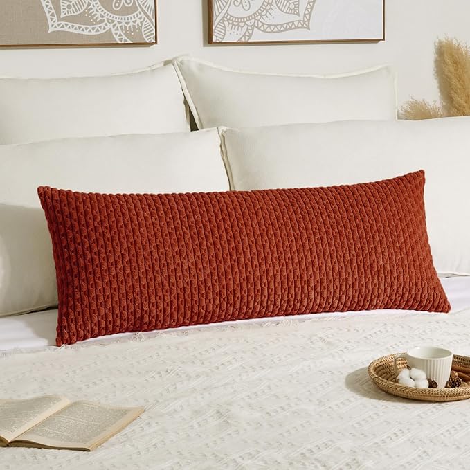 Kevin Textile 20x54 Inch Long Body Lumbar 1 Pack Boho Decorative Throw Pillow Cover Soft Striped Corduroy Rectangle Cushion Case Farmhouse Accent for Living Room Couch Sofa Bed, Burnt Brick