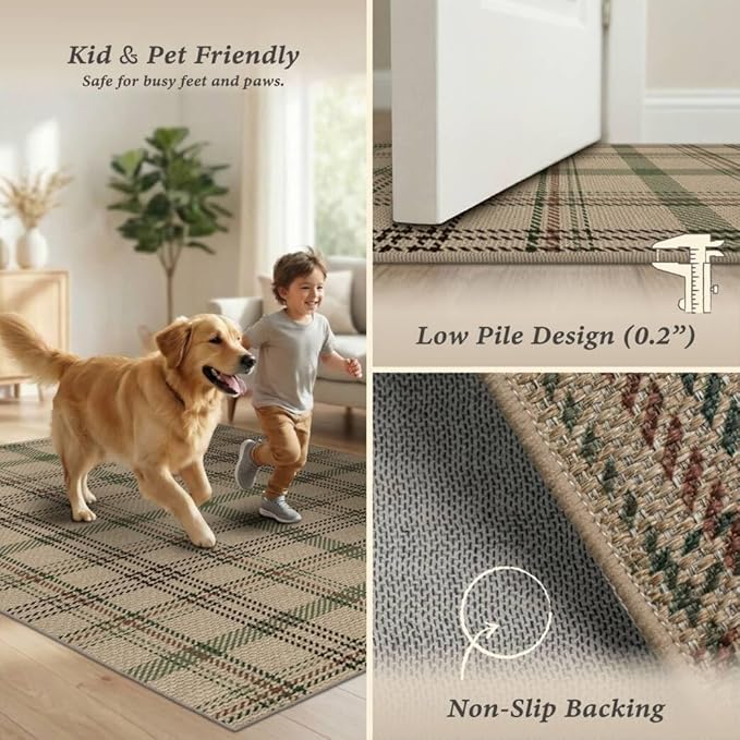 Easy Jute 3x5 Outdoor Rug for Front Porch Layering - Washable Door Mat for Large Entryway, Non Slip Farmhouse Woven Rug for Kitchen Floor, Mudroom - Buffalo Plaid Sage Green Decor
