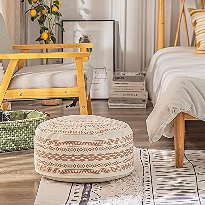 MOCOFO Unstuffed Round Pouf Covers Boho Colorful Geometric Ottoman Pouf Cover with Handle Design,Decoration Footstool for Living Room,Bedroom,Patio (Black,18x18x8)