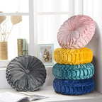 HIG Set of 2 Decorative Round Pleated Throw Pillows, Classy Accent Pumpkin Throw Pillows with Center Button, Vintage Velvet Floor Pillows for Sofa Couch Vanity Chair Bed, Navy, 14.5" Diameter(Ripple)