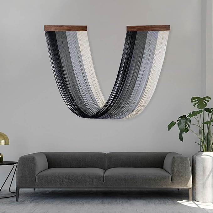 EOBTAIN Large Macrame Wall Hanging Black Grey Ombre Yarn Macrame Wall Decor Handmade Woven Tapestry Boho Wall Art for Bedroom Living Room Home Office Decorations, 15.7" W x 31.5" L