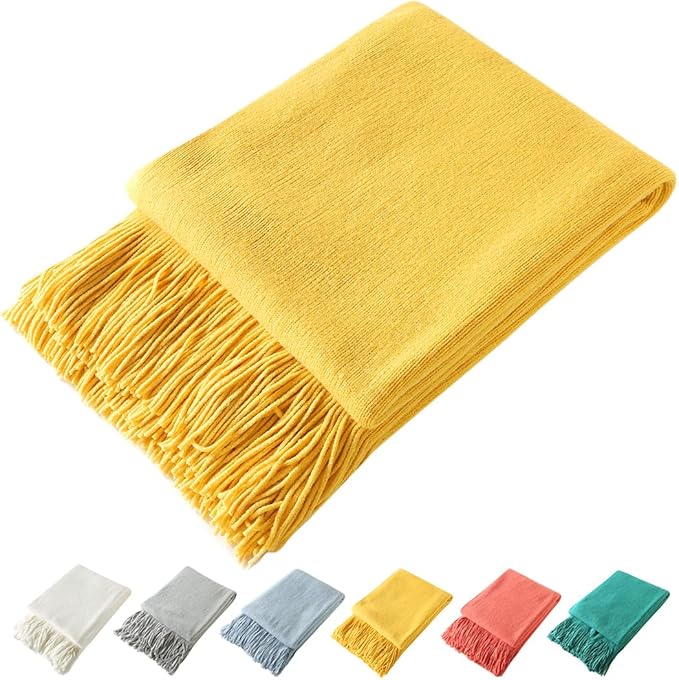 Homiest Decorative Knitted Throw Blanket with Fringe Soft & Cozy Tassel Blanket for Couch Sofa Bed (Yellow,50x60)