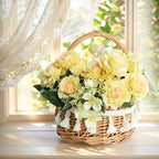 2 Pack Flower Girl Basket, Small Wicker Basket with Silk Petals, White Ribbon, Plastic Liner, Decorative Woven Willow Rattan Basket for Wedding, Gifts, Camping, Home Decor