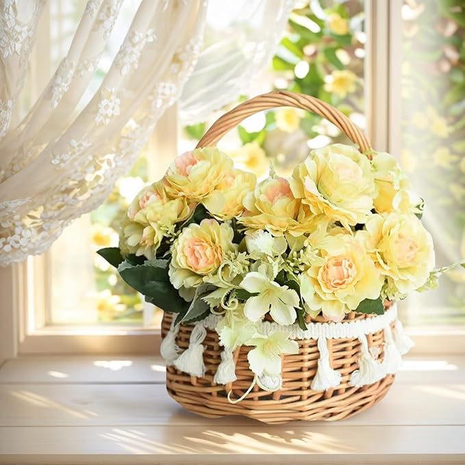 2 Pack Flower Girl Basket, Small Wicker Basket with Silk Petals, White Ribbon, Plastic Liner, Decorative Woven Willow Rattan Basket for Wedding, Gifts, Camping, Home Decor