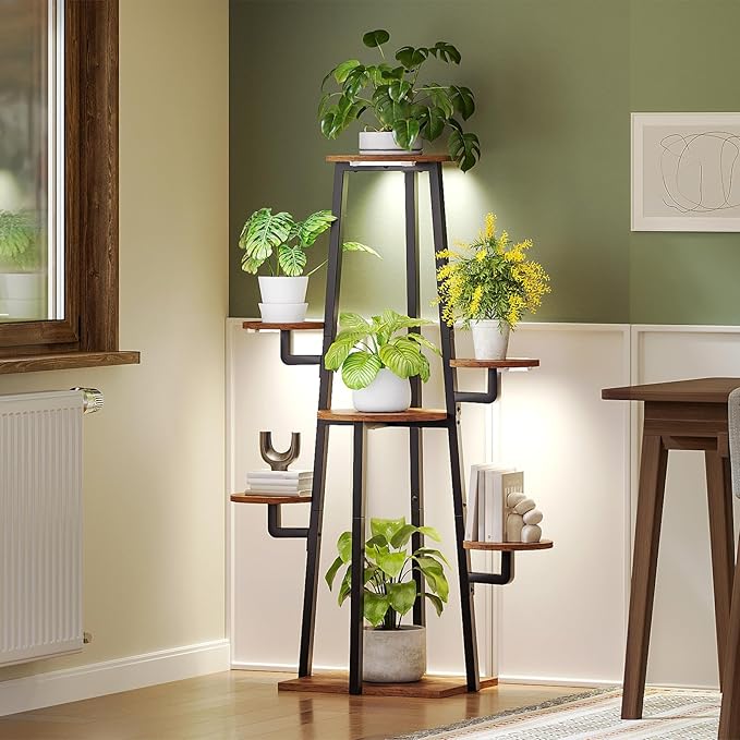 HOOBRO Plant Stand Indoor with Grow Lights, 7-Tier Plant Shelf for Multiple Indoor Plants, 47.2” Corner Plant Stand Organizer with Metal Frame, for Living Room, Balcony, Patio, Rustic Brown BF04DHJ01