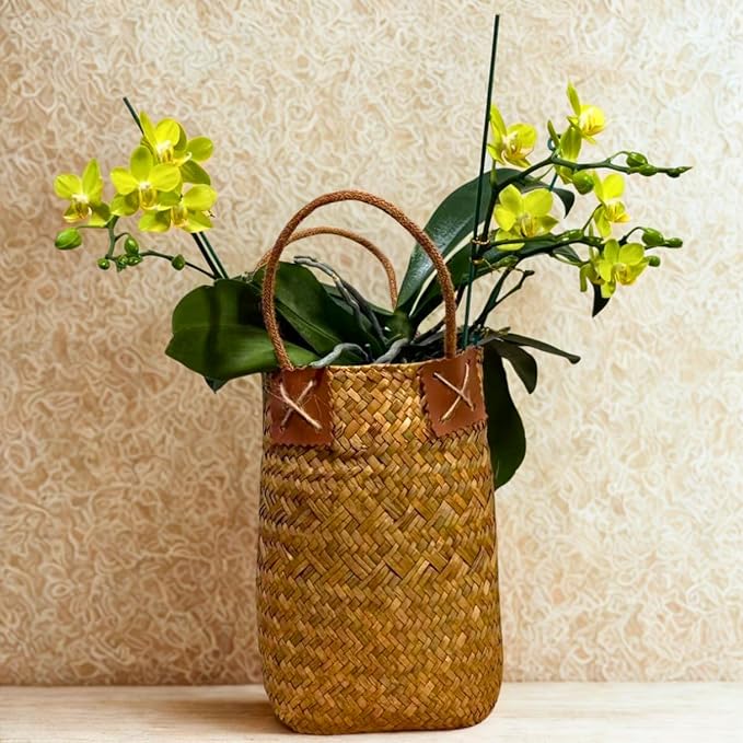 Handwoven Straw Orchid Pot Cover Basket – Decorative Woven Planter for Phalaenopsis, Flower Vase for Living Room, Entryway, or Tabletop – Natural Khaki (Rustic Woven Basket Planter)