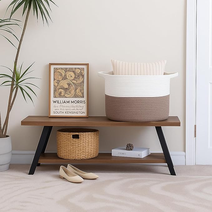 ShellKingdom Laundry Basket, Large Natural Rope Woven Storage Basket with Handles for Home, Living Room, Laundry, Storage Organizer for Blankets, Clothes, Plant, Toys, 13.78 x 21.65 INCH (White Brown)