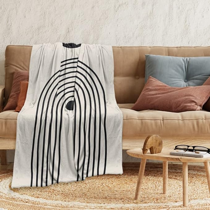Boho Mid Century Blankets Orange Beige Throws Abstract Modern Aesthetic Bedding Minimalist Sun Leaf Soft Warm Bed Bedding Blankets for Couch Bedroom Sofa Office Cozy Flannel Blanket 70"X80"