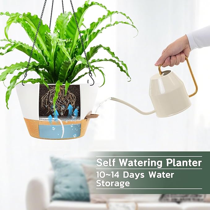 ZMTECH 12 Inch Hanging Planters for Indoor Plants, Modern White Self Watering Hanging Planter with Visible Water Level Window & Chain, Large Flower Pots for Outdoor Patio Decor