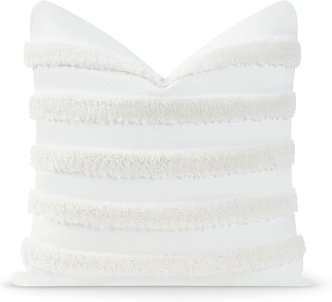 Hofdeco Premium Coastal Patio Tufted Indoor Outdoor Throw Pillow Cover Only, 18"x18" Water Resistant for Backyard, Couch, White Fluffy Stripes