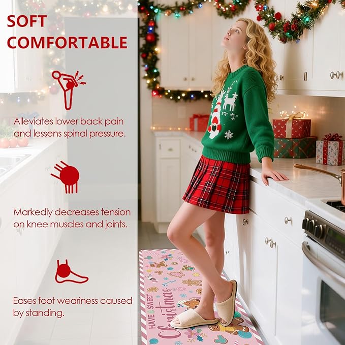 Gingerbread Man Candy Cane Christmas Rugs for Kitchen Floor, Mats for Kitchen Floor Non Slip, 2PCS Rubber Kitchen Mat, Washable Cushioned Runner Carpet Rug for Sink Laundry 15.7"×27.5" +15.7"×47" Pink