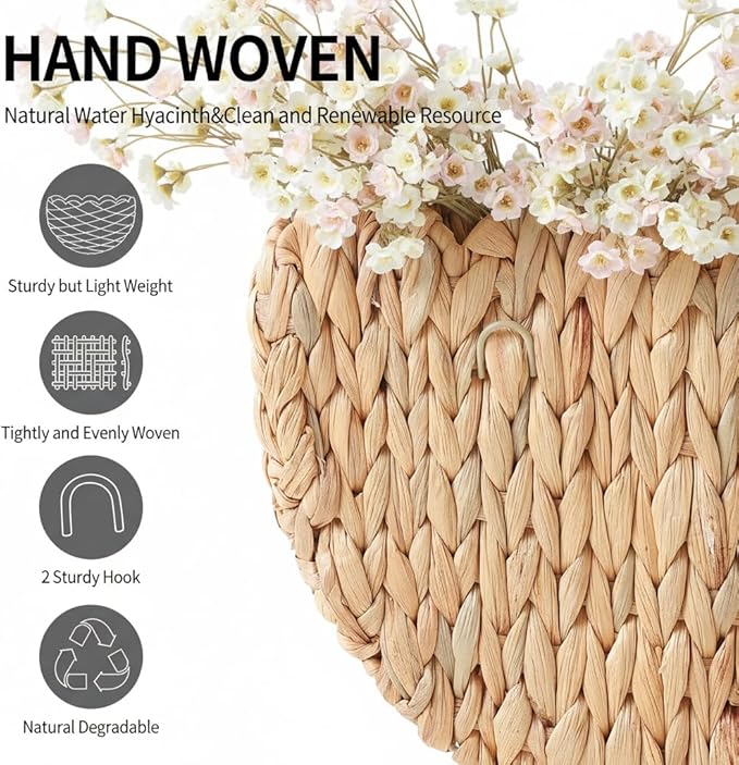 Scalloped Wall Basket,Boho Wall Decor Basket,Big Wicker Hanging Baskets for Nursery,Door,Plants,Mail,Natural Water Hyacinth