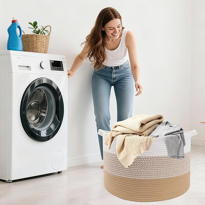 90L Large Blanket Basket,21.7"L x 21.7"W x 13.8"H Rope Woven Baskets with Handles, Toys Storage Bins,Laundry Basket Perfect for Living Room, Nursery,Bedroom,Home Organization,Yellow