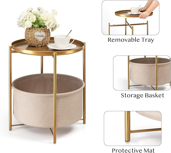 danpinera Round Side Table with Fabric Storage Basket, Metal Side Small Bedside Table Nightstand with Removable Tray Top for Living Room, Bedroom, Nursery, Bathroom, Gold