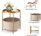 danpinera Round Side Table with Fabric Storage Basket, Metal Side Small Bedside Table Nightstand with Removable Tray Top for Living Room, Bedroom, Nursery, Bathroom, Gold