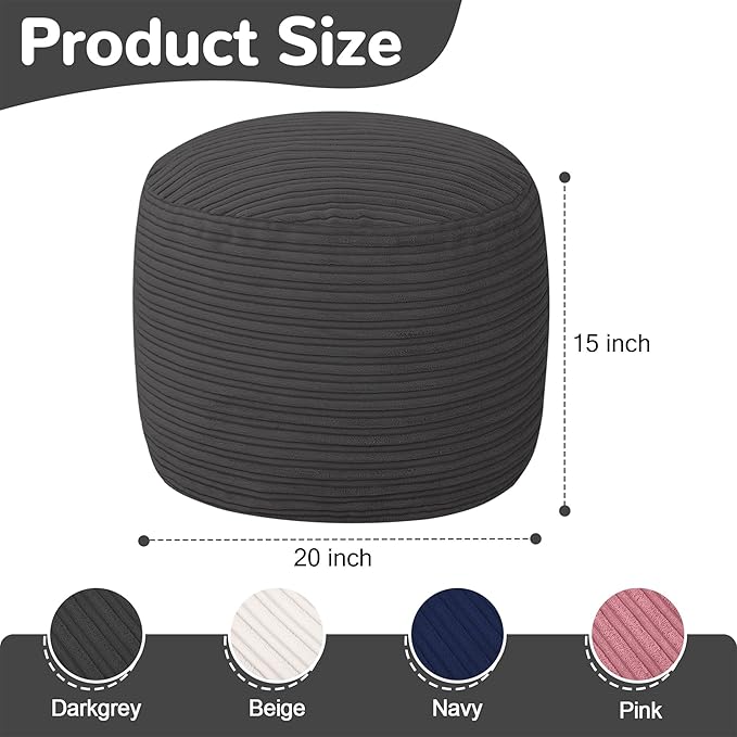 MeMoreCool Stuffed Round Pouf Ottoman Foot Rest, Soft Plush Floor Pouf Foot Stool, Corduray Footstool Footrest, Small Round Ottoman for Living Room Couch Sofa Chair, 20x15 Inch Grey