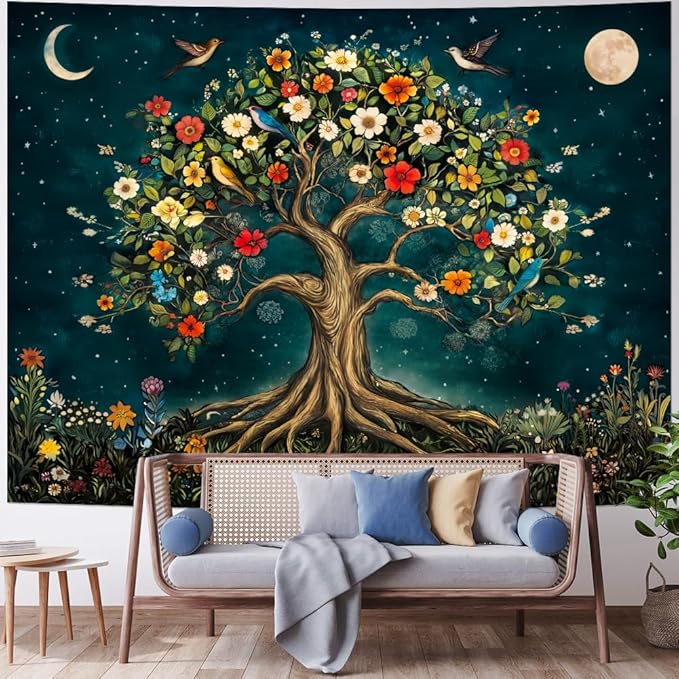 Amtoodopin Tree of Life Tapestry Mystic Boho Flowers Tapestry Vintage Aesthetic Tree Wall Tapestries Retro Nature Floral Plants Tapestries Wall Hanging for Bedroom