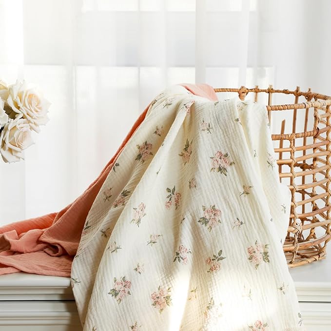 insular Cotton Muslin Baby Blanket with Tassel, Boho Bohemian Muslin Swaddle Blanket Baby Receiving Blanket with Fringe, Nursery Decor Throw or Nursing Blankets, 47" x40”, Pink Rose