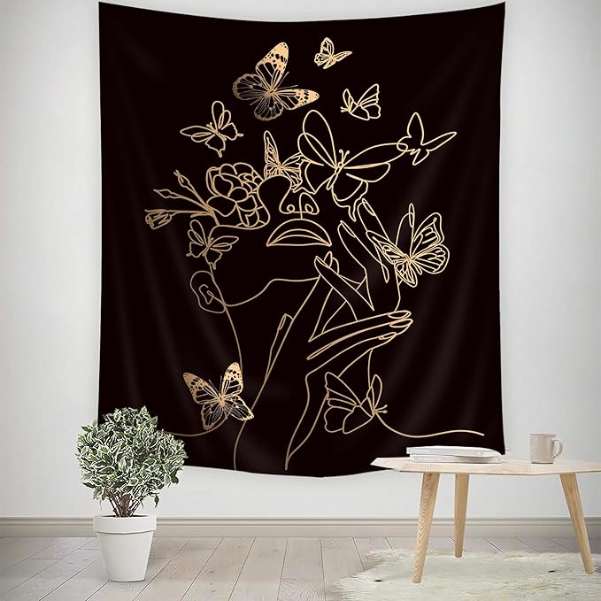 SVBright Simple Woman Flower with Butterfly Fabric Wall Hanging Tapestry 51Wx59H Inch Art Line Aesthetic Modern Minimalist Sketch Wall Black Gold Hanging Home Decor Art for Living Room Bedroom Dorm