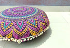 INDIAN CRAFT CASTLE New Pink Ombre 24" Mandala Barmeri Large Floor Pillow Cover Cushion Meditation Seating Ottoman Throw Cover Hippie Decorative Zipped Bohemian Pouf Ottoman Pom Pom Cases 24" Round