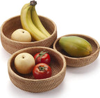 Rattan Bread Basket, Hand Woven Fruit Basket, Wicker Serving Basket Bowl, Decorative Baskets for Kitchen Counter Organizing, Set of 3 (Round)