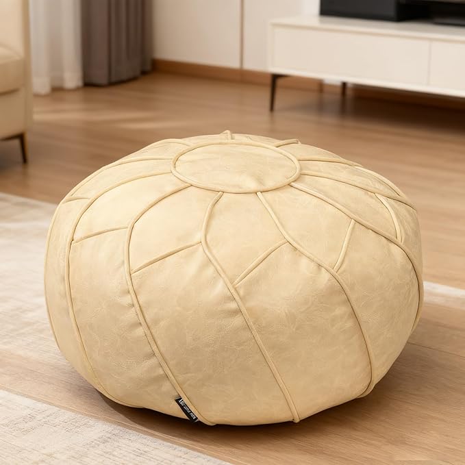 Louis Donné Unstuffed Pouf Ottoman Cover, Round Foot Stool for Poufudic Foot Rest, Storage Bean Bag Floor Chair Waterproof Faux Leather Pouffe Footstool for Living Room Fashion Design (White)
