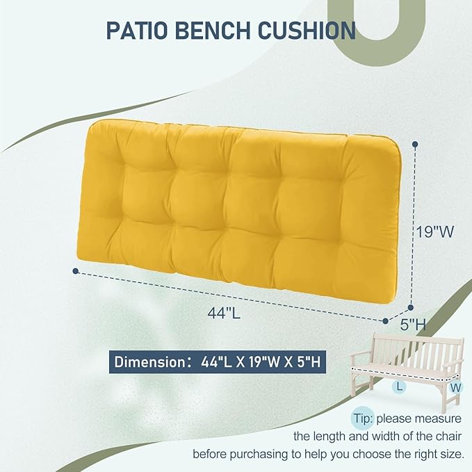 downluxe Outdoor Bench Cushion for Patio Furniture, Water Resistant Tufted Overstuffed Porch Swing Cushions, Thick Outdoor Loveseat Cushions, 44" X 19" X 5", Yellow, Set of 1