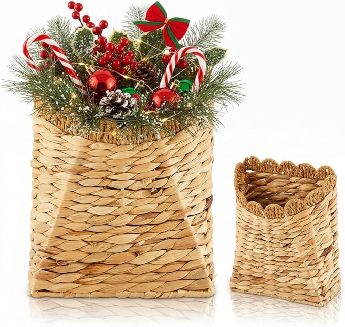Honeydak Hanging Basket for Front Door 10.2" H Scalloped Water Hyacinth Woven Wall Mounted Organizer Handmade Storage for Flowers, Mails, Small Plants, Farmhouse, Garden, Fall Thanksgiving Decoration