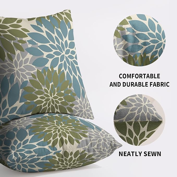 Blue Green Grey Gray Pillow Covers 18X18 Inch Set of 2, Modern Dahlia Floral Print Decorative Throw Pillow Covers Outdoor Farmhouse Cushion Case for Home Couch Sofa Bed Decoration