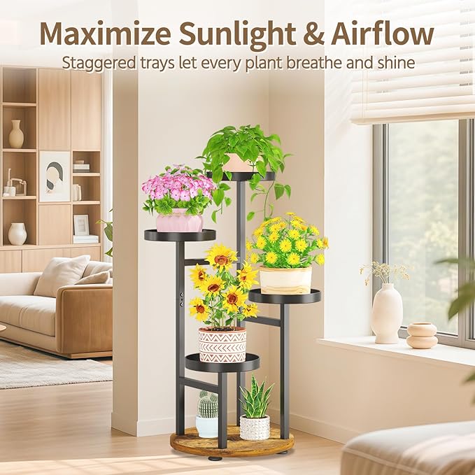 LASZOLA Black 4 Tier Tall Metal Plant Stand Indoor for Large Planter, Heavy Duty Wrought Iron Vertical Big Flower Rack, Sturdy Spiral Multiple High Organizer for Modern Patio House Bathroom Corner