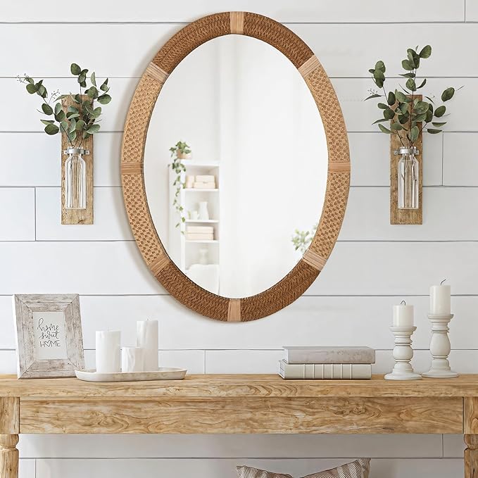 ULIKE Boho Oval Rattan Mirror, 22x30 Inch Rustic Farmhouse Wall Decor with Wicker Frame, Rattan Mirror for Nursery Bathroom Bedroom Living Room Entryway