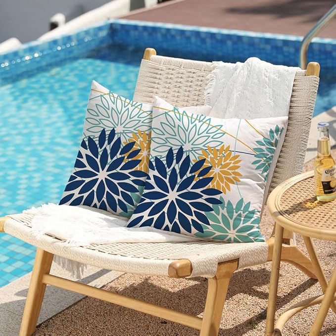 DFXSZ Dark Blue and Light Green Floral Pillow Covers 18x18 Set of 2 Outdoor Pillows Covers Waterproof Summer Pillowcovers Polyester Cushion Case Decor for Couch Patio Funiture Garden Porch 01T18